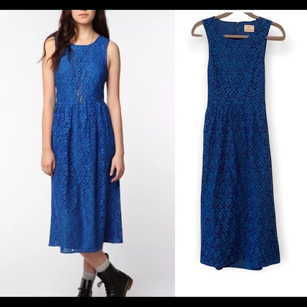 Pins & Needles Blue Floral Crochet Midi Sleeveless Dress S